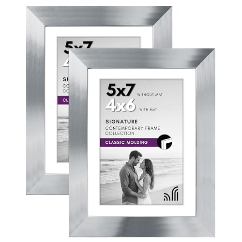 Americanflat 5x7 Picture Frame with Polished Clear Glass - Set of 2 - Use as 4x6 Frame with Mat or Display 5x7 Photo Without Mat - Signature Collection - Photo Frames for Tabletop or Wall - Silver | Engineered Wood construction, wall or tabletop display w