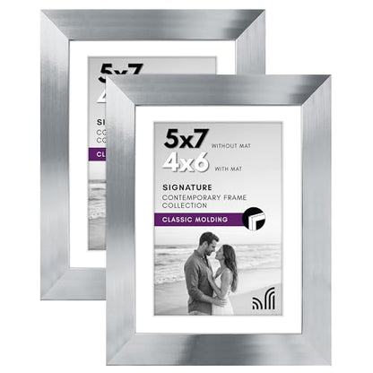 Americanflat 5x7 Picture Frame with Polished Clear Glass - Set of 2 - Use as 4x6 Frame with Mat or Display 5x7 Photo Without Mat - Signature Collection - Photo Frames for Tabletop or Wall - Silver | Engineered Wood construction, wall or tabletop display w