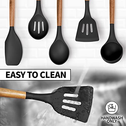 Zulay Kitchen 5 Piece Silicone Utensil Set | Non-Stick Silicone Cooking Utensils Set with Acacia Wood Handles - 464°F Heat Resistance Kitchen Utensils Set - Black - color: Black, size: 5-Piece Set