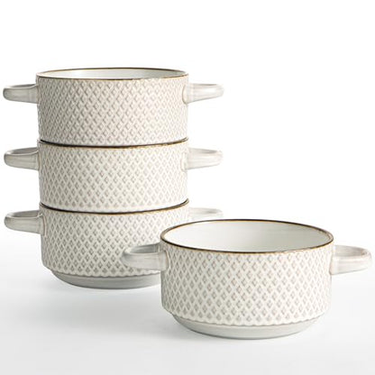 Ceramic Soup Bowls Set - 27 Oz French Onion Soup Crocks with Handles | Embossed Stoneware Bowls for Soup Cereal Beef Stew Chili-Microwave Dishwasher Oven Safe-Set of 4 Square Pattern - color: white-diam