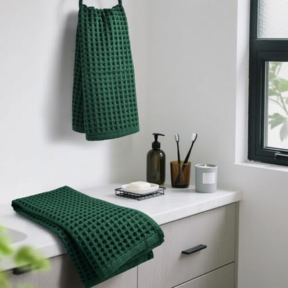 Waffle Hand Towels Set of 2 (Hunter-Green) – Cotton, Quick Dry, Lint Free | 13” x 29”, Bathroom Decor & Kitchen Towels - color: Hunter-green