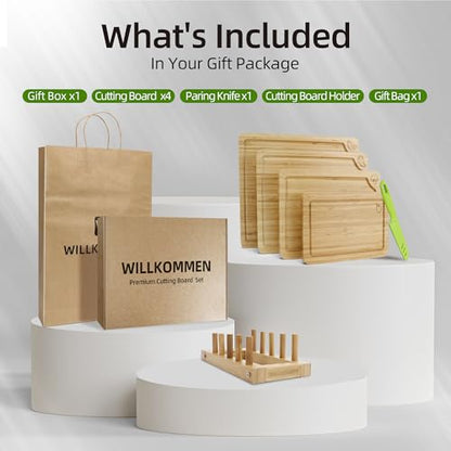 WILLKOMMEN 4-Piece Bamboo Cutting Boards for Kitchen, Chopping Board Set with Food Icon (Meat, Fish, Vegetables, Fruits) Butcher Block with Stands, Handles & Juice Grooves (Small, Medium, Large, XL) - color: Bamboo Set of 4