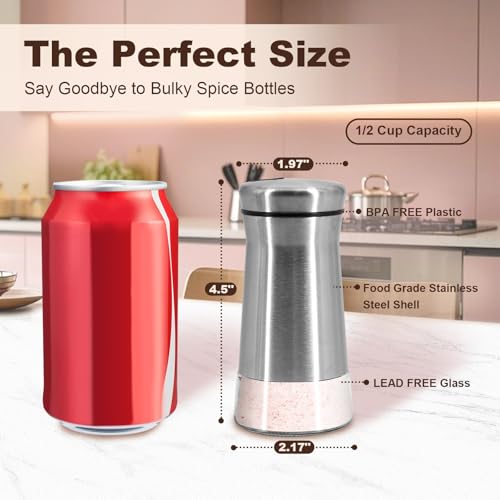 Farmhouse Salt and Pepper Shakers with Adjustable Pour Holes, Refillable Salt Shaker by Aelga, Ideal for Himalayan, Kosher, Black and White Pepper - color: Silver