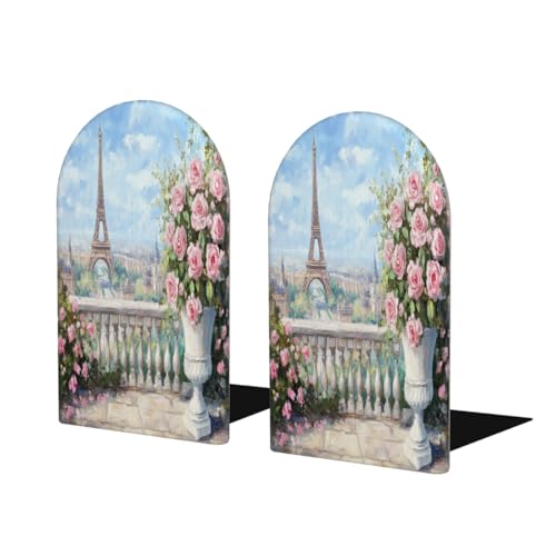 Wood Book Ends for Shelves Spring Floral Paris Eiffel Tower Landscape Bookends for Heavy Books CDs Organizer Decorative Wooden Book Stopper Holders for Home Office Desk,5.1x3.1x4in,Set of 2 - size: 5.1x3.1x4inx2PCS