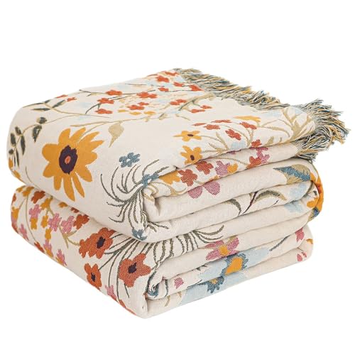 Boho Throw Blanket for Home Decor, Soft Throw Rustic Classic Quilt,100% Cotton Muslin Blankets for Adults, Reversible Woven Decorative Summer Blanket for Bed Layering Use, Floral, 50"x60"Gift for Mom - color: Colorful Floral, size: 50"x60"