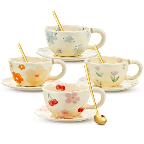 Vesici 4 Set Ceramic Coffee Mug Set with Saucer and Spoon Cute Mothers Day Gifts for Mom 8.5 oz Vintage Floral Tea Cup Aesthetic Mug Gift for Women, Dishwasher and Microwave Safe (Mixed Styles) - style: Mixed Styles