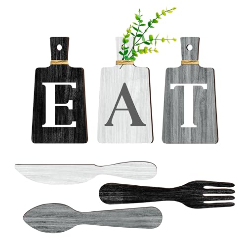 6 Piece Kitchen Decor Chopping Board Eat Sign Forks and Spoons Wall Decor Wooden Restaurant Hanging Sign Rustic Farmhouse Wall Art Home Decor(Black, white and gray simple) - color: Black, white and gray simple