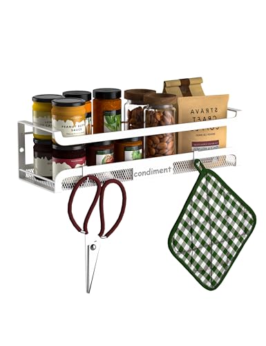 Spice Rack Wall Mount with Hooks - Spice Racks Organizer for Cabinet Storage, Wall Mounted Hanging Shelf Seasoning Organizer, for Kitchen, Pantry Door, Bathroom (White, 1 Pack) - color: White, size: 1 Pack
