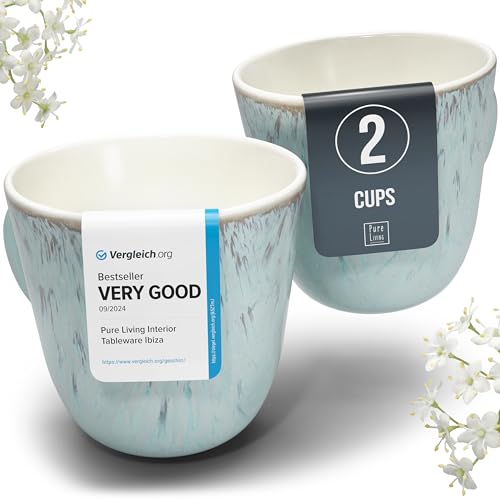 Large Stoneware Coffee Mugs Set of 2, 14.5 oz Coffee Cups with Handle | Award Winning, Lead-Free Reactive Glaze, Dishwasher & Microwave Safe, Stain Resistant for Cocoa, Latte & Tea, Beige & Blue - color: Light / Beige Blue, size: Mugs (2x)