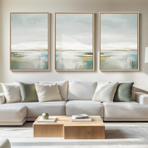 Large Framed Green Abstract Wall Art for Living Room, 3 Piece Set, 24x36 In | Nature landscape pictures, Canvas prints, Wood frame, Modern painting artwork for walls, Wall decor for dining hallway office - color: Pastel, size: 24" W x 36" H x 3pcs
