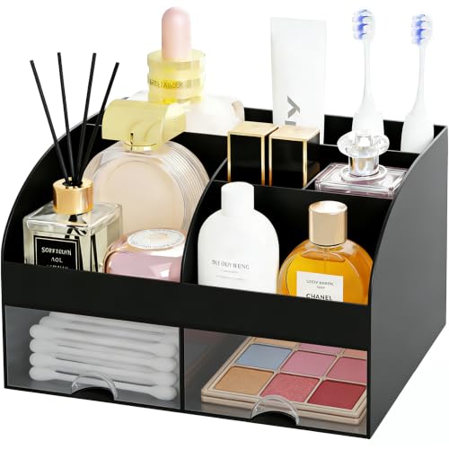 Makeup Organizer with 2 Drawers, Cosmetic Storage for Dresser Vanity and Bathroom Countertop,Make up organization and Skincare Storage with Beauty Brush Holder, Cosmetic Display Case (Black) - color: Black