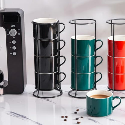 10oz Porcelain Stackable Coffee Mugs and Metal Stand Set of 4, Espresso Cups Set for Hot Drinks, Cappuccino, Tea-Green - color: Green