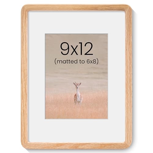 Acovy 9x12in Picture Frame, Natural Solid Oak | Handcrafted Wooden Photo Frame, Dual Use for Wall Mount, Matted to Fit 6"x8" Photos, HD Tempered Glass - color: Oak, size: 9x12in
