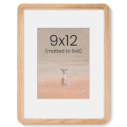 Acovy 9x12in Picture Frame, Natural Solid Oak | Handcrafted Wooden Photo Frame, Dual Use for Wall Mount, Matted to Fit 6"x8" Photos, HD Tempered Glass - color: Oak, size: 9x12in