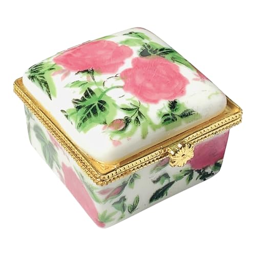 Tiny Square Porcelain Trinket Box | Pink Tea Roses | French Style Gift Box with Velvet Bag - style: Pink Tea Roses Square