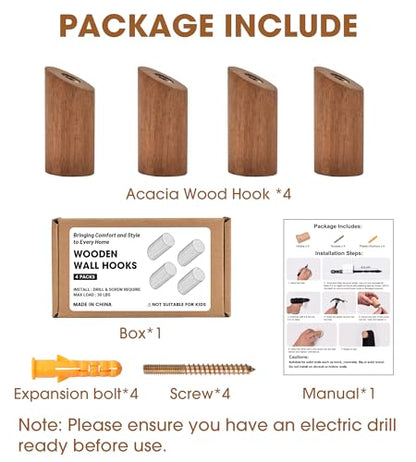 Wood Wall Hooks, 4 Pack Heavy Duty Coat Hooks – Farmhouse Rustic Entryway & Bathroom Hooks for Hats, Towels, Bags, Clothes, Fits Drywall, Angled Acacia Wood - color: Acacia Wood, size: Angled 4-Pcs