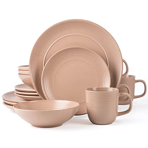 Arora RINGAR Round Stoneware 16pc Dinnerware Set of 4, Dinner Plates, Side Plates, Cereal Bowls, Mugs - Speckle Matte Coral (416867) - color: Speckle Matte Coral-Bowl/Mug, style: Round-Service for 4(16pcs)