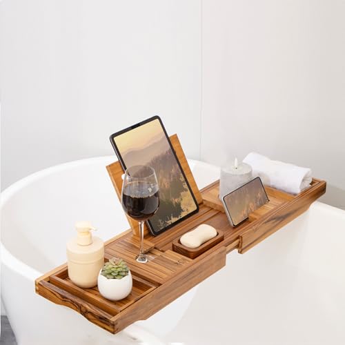 Teak Bathtub Caddy Tray with Book Stand & Soap Holder, Teak | Expandable to 41 Inches & Anti-Slip Pads for Luxury Bath Spa - color: Teak