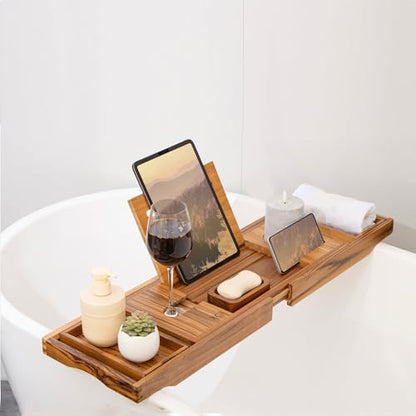 Teak Bathtub Caddy Tray with Book Stand & Soap Holder, Teak | Expandable to 41 Inches & Anti-Slip Pads for Luxury Bath Spa - color: Teak