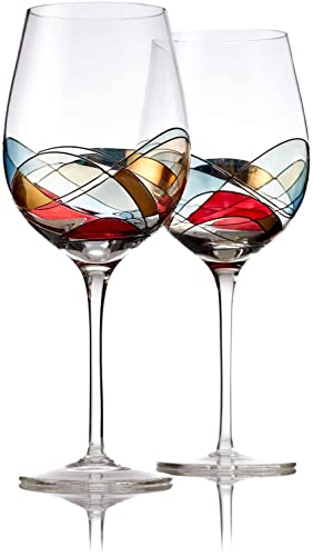 Bezrat Wine Glasses Hand Painted - Set of 2 - Women Wine Gift - Wine Lover Glass - Beautiful Glassware Gifts Ideas for Women Inspired by 'Duomo di Milano' Mothers Day - 12 oz (Red) - color: Red, size: 14 Ounces