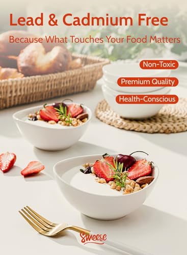 Sweese Porcelain Bowls Set 5 Inch, 10 oz - Set of 4 White Bowls for Dessert, Ice Cream, Soup, Rice & Fruits | Microwave, Dishwasher & Oven Safe - size: 5.0 Inch