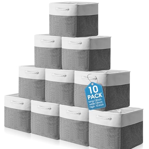 FoldTier 10 Pack Large Collapsible Fabric Storage Baskets with Handles Decorative Storage Bins for Organizing Shelves Toys Clothes(White & Gray,12 x 12 x 12 Inches) - color: White & Gray, size: 12 x 12 x 12 inches