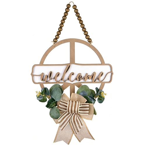 12 Inch Round 3D Welcome Door Sign, 0.4" Thick Solid Wood Front Door Welcome Sign with Artificial Greenery, Buffalo Plaid Bow & Rustic Beads, Farmhouse Porch Home Décor, Hanging Welcome Home Sign - color: Light Brown