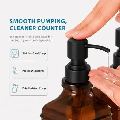 Amber Glass Soap Dispesner Set 2 16.9oz Kitchen Sink Luxury Bathroom Decor | Anti-leak Stainless Steel Pump, Bamboo Tray Silicone Funnel, Refillable Bottles with Waterproof Labels Residue Free - color: Dm2647-brown