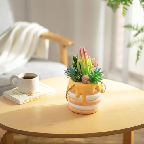 Bee Hanging Planter Gifts for Women: Ceramic Flower Pot with Drainage - color: Milky White & Beige-honey Jar