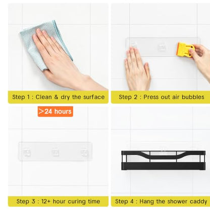 Heavy-Duty Adhesive Shower Caddy, Black Organizer | No Drill Wall Mounted Stainless Steel Bathroom Shelves with 44lbs Max Load, 0.43" Wire Spacing, Toothbrush & Soap Holder - color: Black