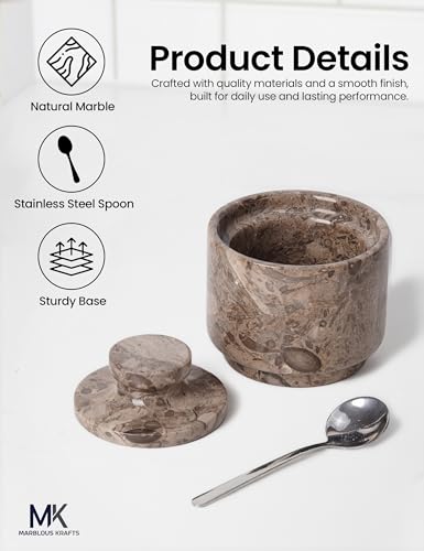 Marble Salt Cellar Oceanic 3" Flaky Salt Dish for Countertop Ideal Spice Box, Candy Bowl, Brown Sugar Jar with Lid and Spoon, Kitchen Storage, Gift for New Home - color: Oceanic