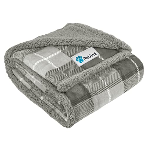 PetAmi Dog Blanket for Medium Small Pet Cat Puppy, 60x40, Plaid Light Gray | 460 GSM, Soft Sherpa Fleece Throw, Reversible Plush Couch Cover Protector Crate Carrier Sofa Bed Car Seat, Machine Washable - color: Plaid Light Grey, size: Large - 60 X 40 Inche