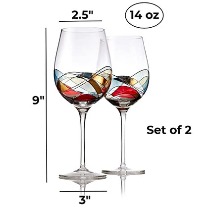 Bezrat Wine Glasses Hand Painted - Set of 2 - Women Wine Gift - Wine Lover Glass - Beautiful Glassware Gifts Ideas for Women Inspired by 'Duomo di Milano' Mothers Day - 12 oz (Red) - color: Red, size: 14 Ounces