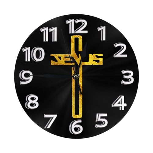 Silent Non-Ticking 10-Inch Wall Clock Christian Jesus Cross Flat Round Decorative Quartz Clock for Living Room,Bedroom,Kitchen - style: Jesus