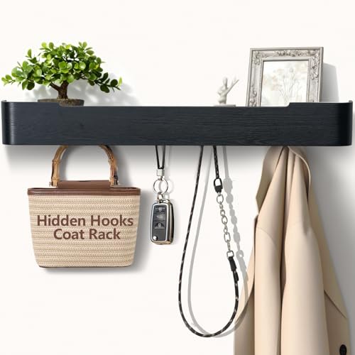 Coat Rack Wall Mount with Shelf 8 Hidden Hooks Modern Wooden Key Holder Entryway Organizer for Hallway Bedroom Bathroom Home Decor Storage for Hanging Coats Hats Bags Towels, Black - color: Black, size: 8 Hooks