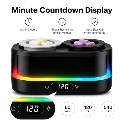 Wax Warmer, Wax Melt Warmer with Timer & Double Dish | Electric Wax Warmer with 7-Color LED Mood Light, Removable Silicone Dishes, PTC Flameless Wax Melter Auto Shut Off