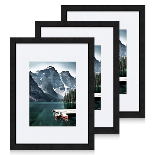 Hongkee 9x12 Black Picture Frames set of 3, Made of Wooden and Glass Photo frame - Displays Picture 6x8 with Mat or 9 x 12 without Mat, Desktop & Wall Collage Frame set - color: Black, size: 9x12 in