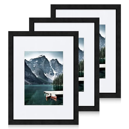 Hongkee 9x12 Black Picture Frames set of 3, Made of Wooden and Glass Photo frame - Displays Picture 6x8 with Mat or 9 x 12 without Mat, Desktop & Wall Collage Frame set - color: Black, size: 9x12 in