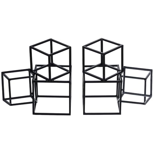 MyGift Modern Black Metal Geometric Bookends, Decorative Book Ends Stands for Home Library Bookshelf Office Desk, 1 Pair, Handcrafted in India, 3 Cube Frame Design