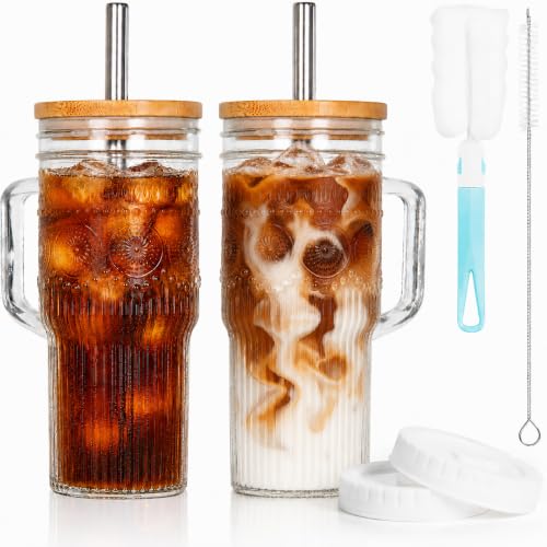 JunVpic Glass Tumbler, 24 oz Ice Coffee Cups with Bamboo Lid and Handle | Stainless steel straws and cleaning brushes, boho pattern design for iced coffee, smoothies, tea and daily drinks - color: Clear-Boho Pattern, size: 24oz