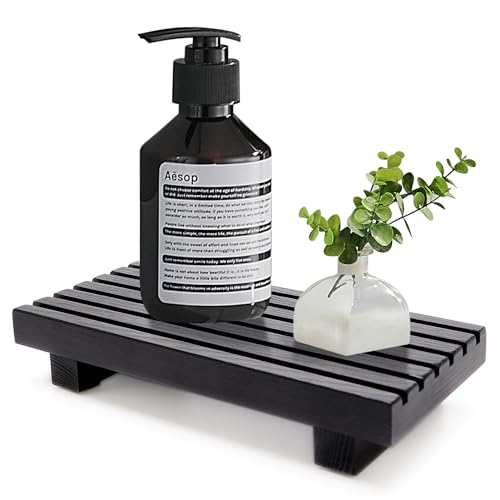 Black Bathroom Tray for Sink Decor Kitchen Counter Wood Pedestal Soap Dish | Small Sponge Holder Soap Dispenser Wooden Risers Restroom Decor Kitchen Accessories Countertop Mens Spa Vanity Toilet Tray - color: Black, size: 8.7x4 inch