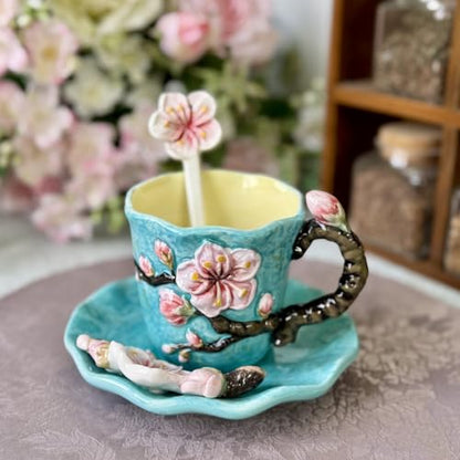 Ceramic Apricot Blossom Coffee Mug and Saucer set with Spoon,3D Handmade and Hand-painted Tea Mug, 6OZ