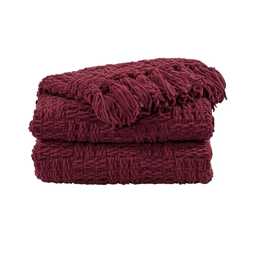 Home Soft Things Cable Knitted Throw Blankets 60" x 80", Burgundy, Soft Cozy Fluffy Decorative Throw with Tassels Couch Bed Sofa Cover Throw Blankets - color: Burgundy, size: 60" x 80"