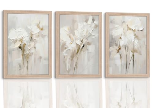 Framed White Floral Canvas Wall Art Set of 3 Solid Wood 16x12 Inch | Solid wood frame painting prints picture poster abstract floral decor ready to hang living room bedroom entryway hallway - color: Beige Floral 002, size: 16"L x 12"W