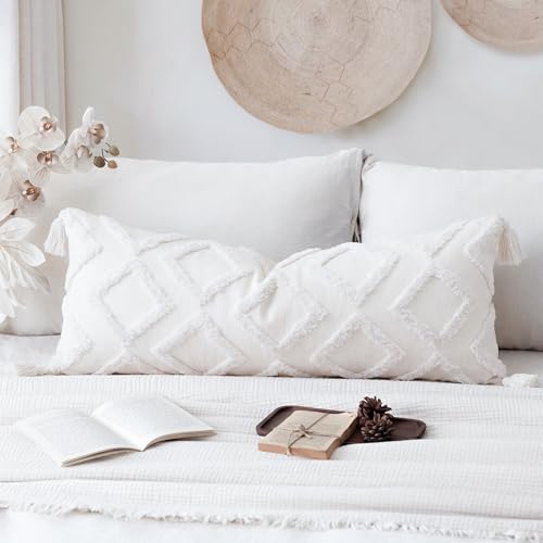 PANOD Decorative Long Lumbar Pillow Cover 12x32 Boho,Super Soft Chenille Extra Long Lumbar Pillow Case Cover with Tassel for Bed Sofa Couch Farmhouse Livingroom,White,Modern Skinny - color: 2-white, size: 32" x 12" (Pack of 1)