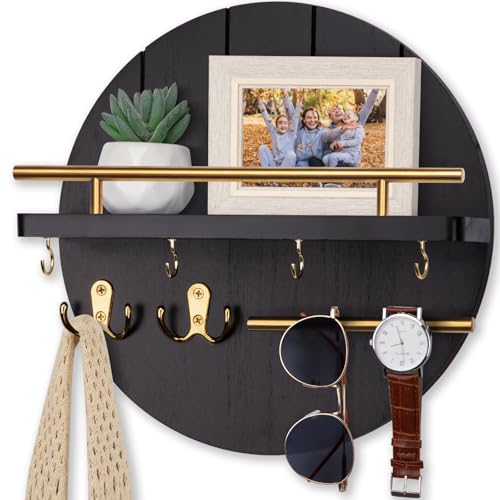 Nekon Wall Mount Key Holder, 11.8 Inch Rack With Shelf and 6 Hooks, Rustic Mail Organizer, Circular Wooden Hanger for Entryway Hallway Kitchen (Black&Gold) - color: Black&Gold