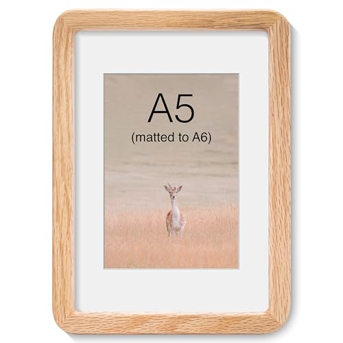 Acovy A5 (14.8x21cm) Picture Frame, Natural Solid Oak | Handcrafted Wooden Photo Frame, Dual Use for Wall Mount, Matted to Fit A6 Photos, HD Tempered Glass - color: Oak, size: A5(14.8x21cm)