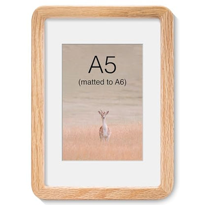 Acovy A5 (14.8x21cm) Picture Frame, Natural Solid Oak | Handcrafted Wooden Photo Frame, Dual Use for Wall Mount, Matted to Fit A6 Photos, HD Tempered Glass - color: Oak, size: A5(14.8x21cm)