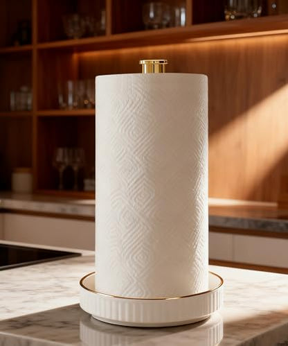 Paper Towel Holder, Ceramic Heavy Plate Base Wobble-Free, Roll Stand-Gold | Effortless Cleaning and Easy to Assemble, Super Large for Triple Rolls, High End Looking as a Good Gift for Kitchen Island - color: Lux-gold