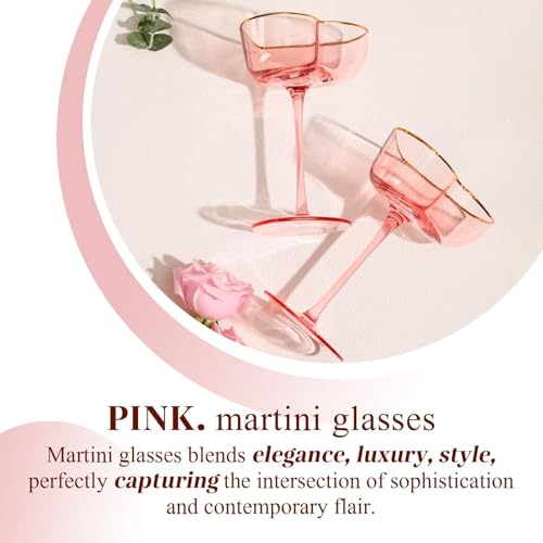 Pink Coupe Glasses Set of 4, Heart-Shaped Martini Glasses with Golden Rim, Fancy Manhattan, Cosmopolitan, Sidecar Cocktail Glassware for Christmas, Wedding, Birthdays - 8oz - size: 4 Count(Pack of 1)